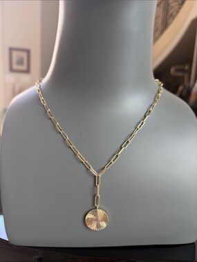 Gold Link Chain Necklace with Radiant Disc Pendant